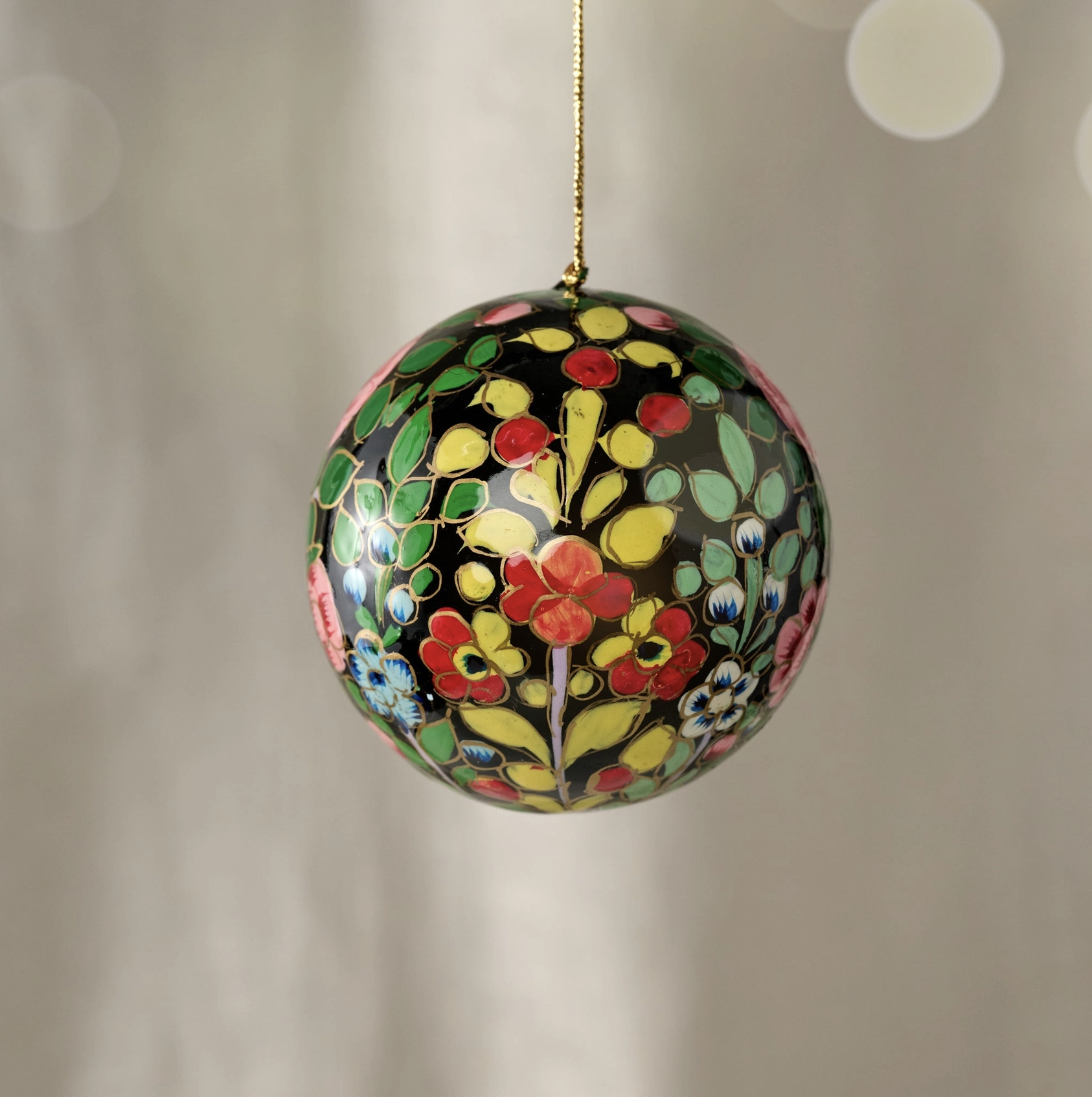 Ameer Paper Mache Ball Ornament - Floral On Dark