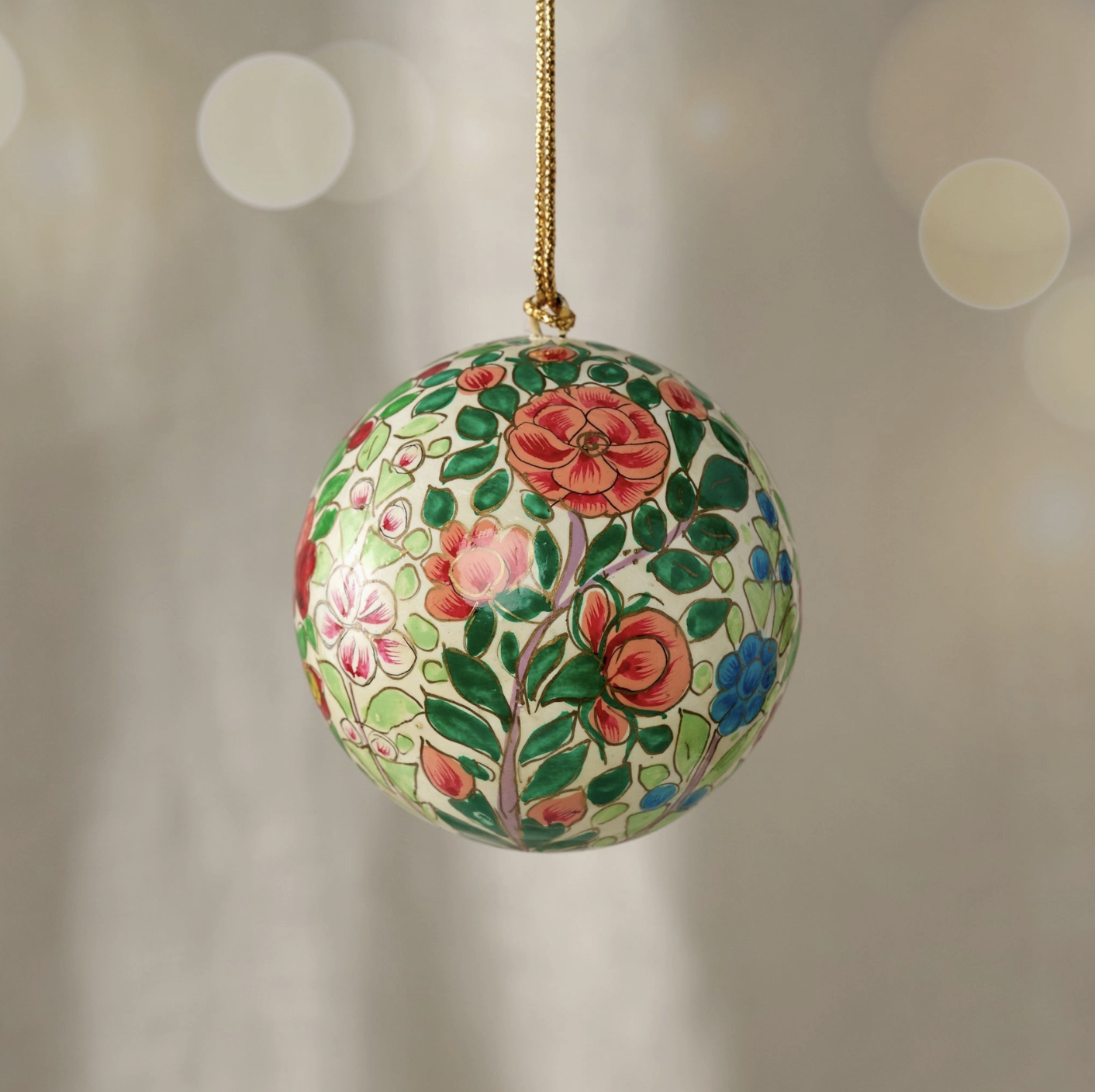 Ameer Paper Mache Ball Ornament - Floral On White