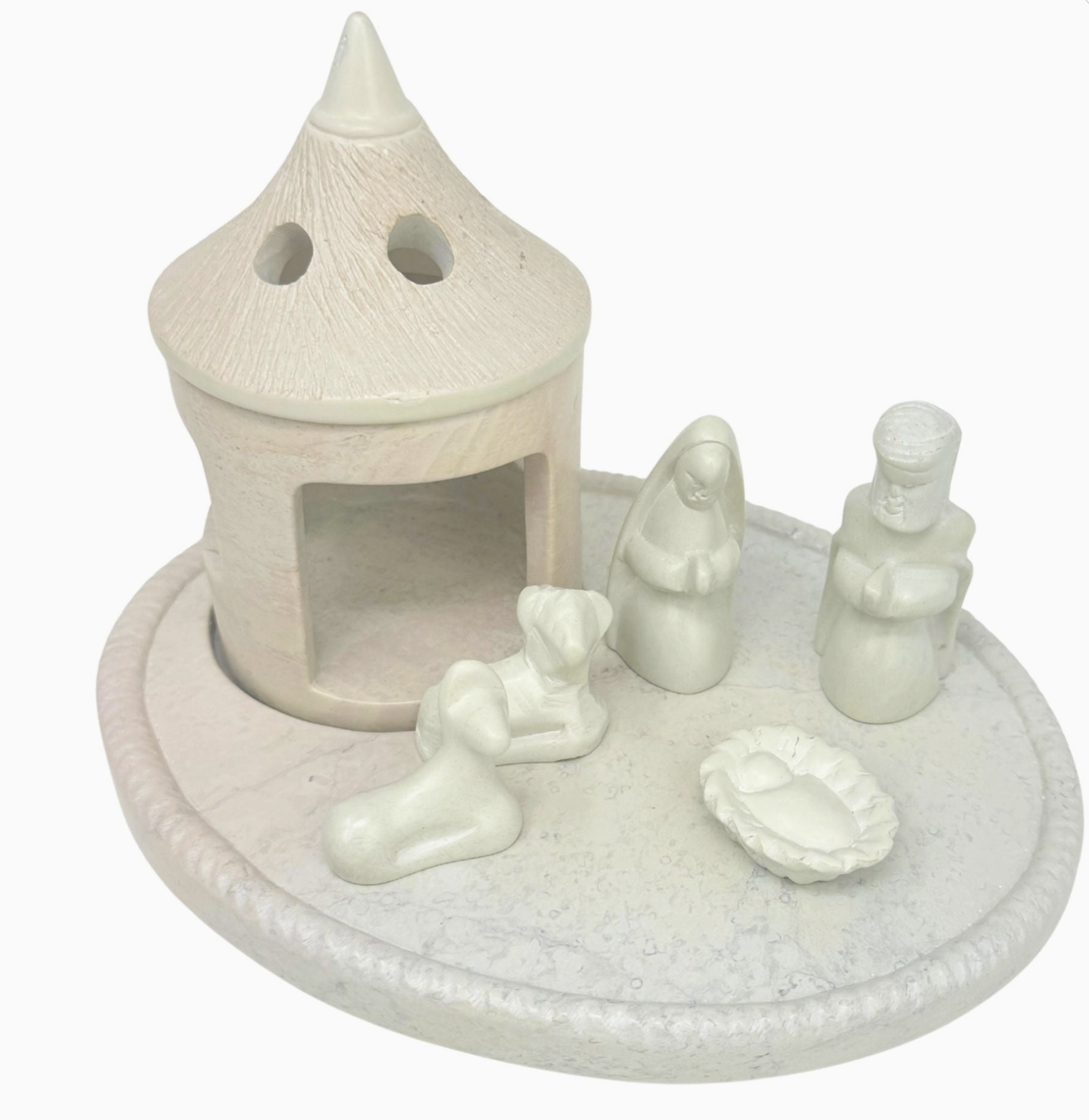 Soapstone Carved Hut Nativity with Hut and Base, 7 Pieces