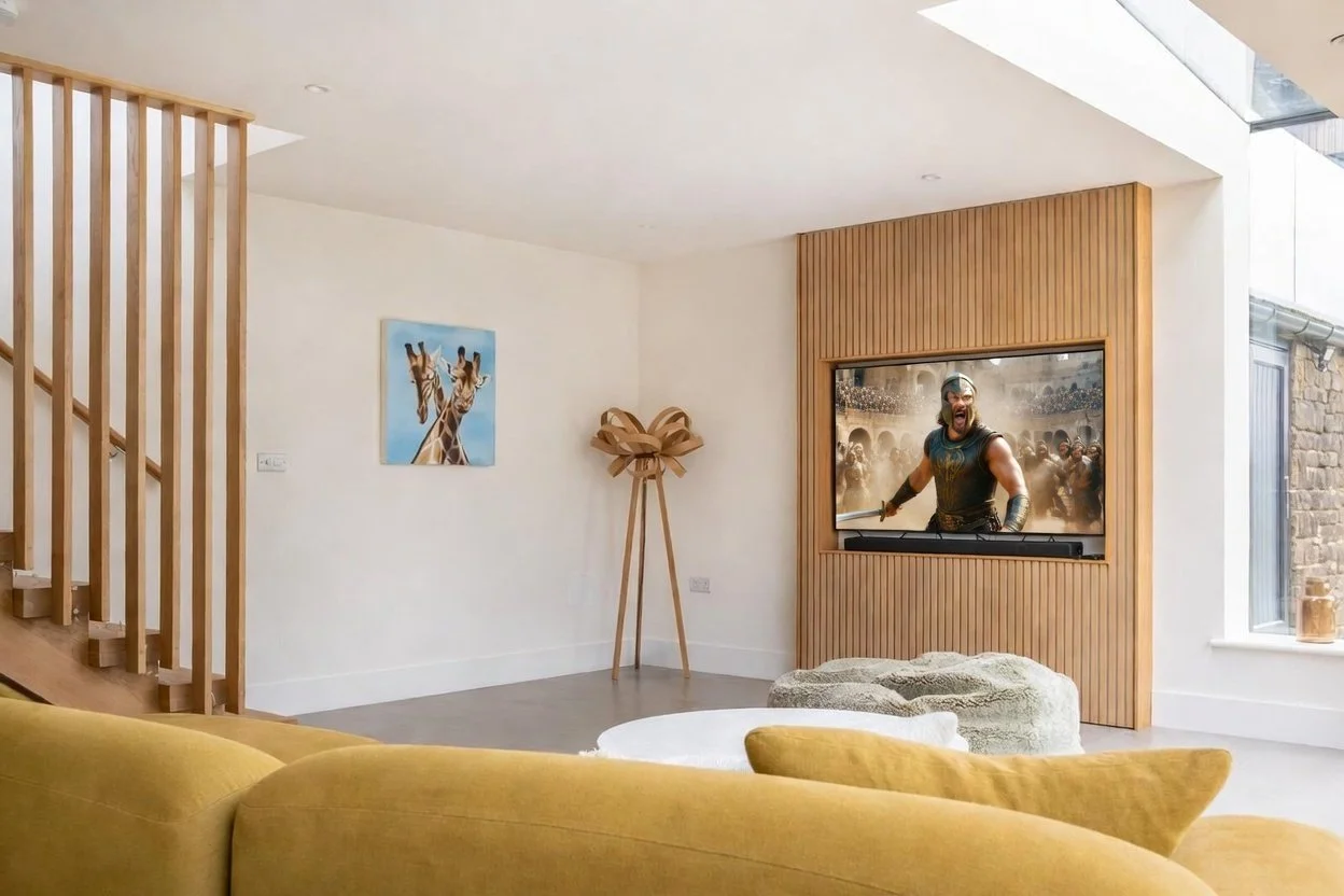 Living room with a yellow sofa, wooden staircase, and a wall-mounted TV showing a scene from a movie with a warrior in armor. There is a colorful giraffe canvas and a wooden tripod floor lamp in the room.