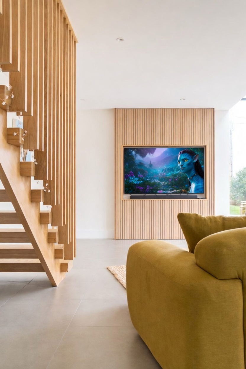 Modern living room with wooden staircase on the left and a flat-screen TV mounted on a wooden-paneled wall showing a scene from Avatar. Part of a yellow sofa is visible in the foreground.