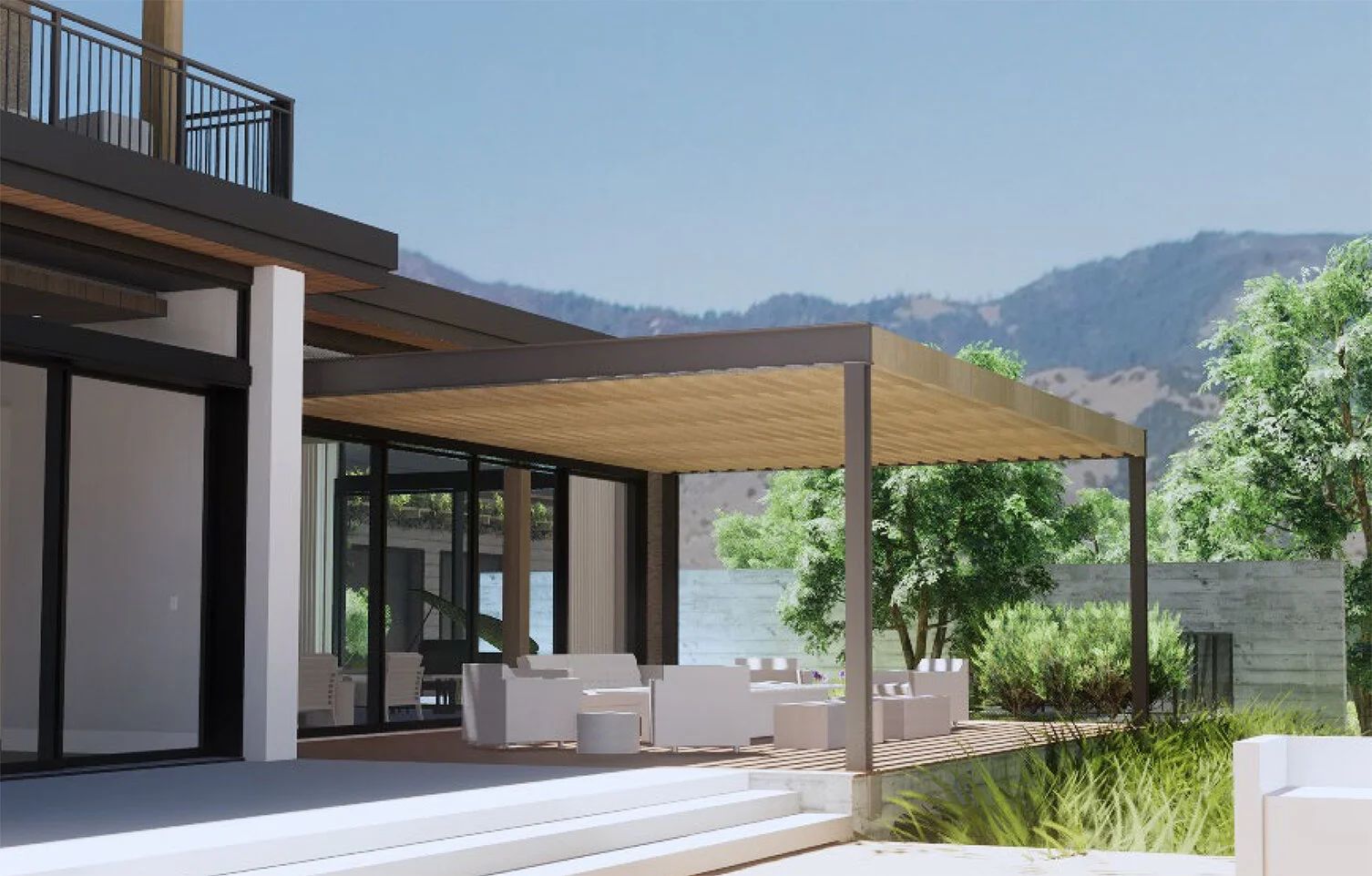 A view of the back patio of the house with a seating area covered with a wooden canopy framing the mountain beyond