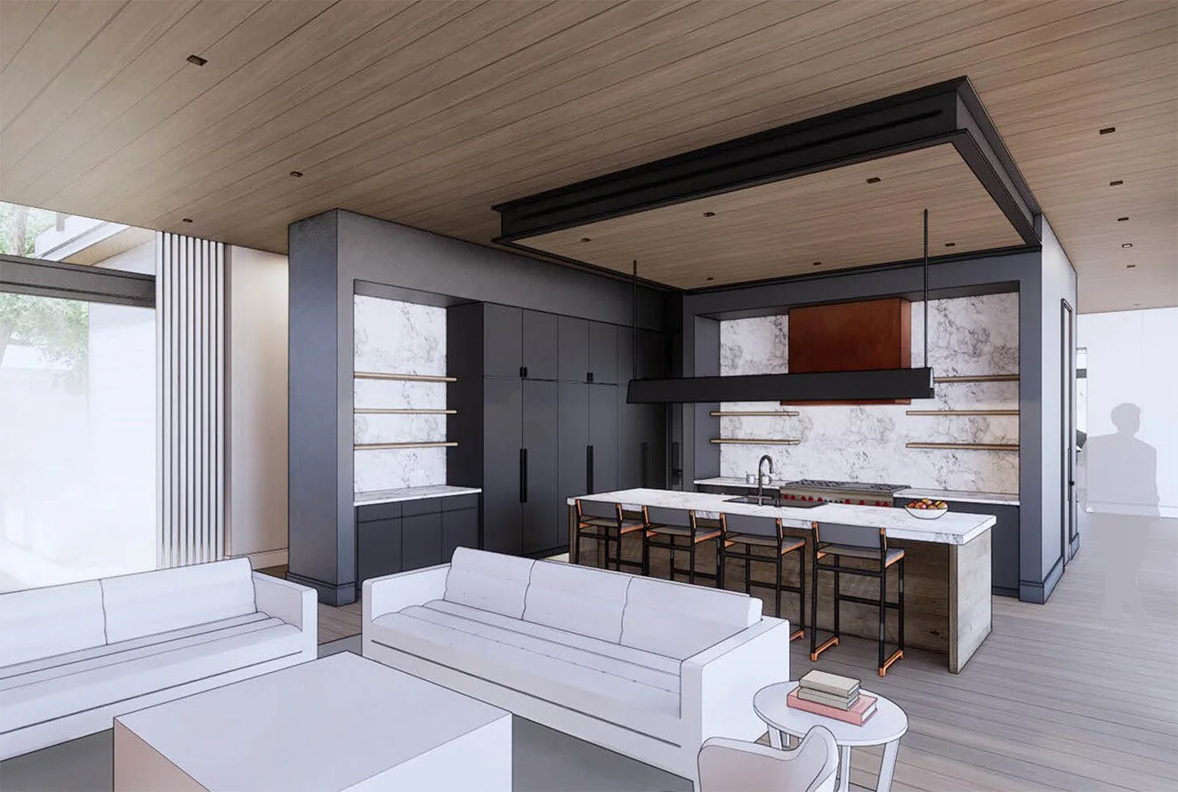 A view of the living room and kitchen showing black cabinetry and marble kitchen island