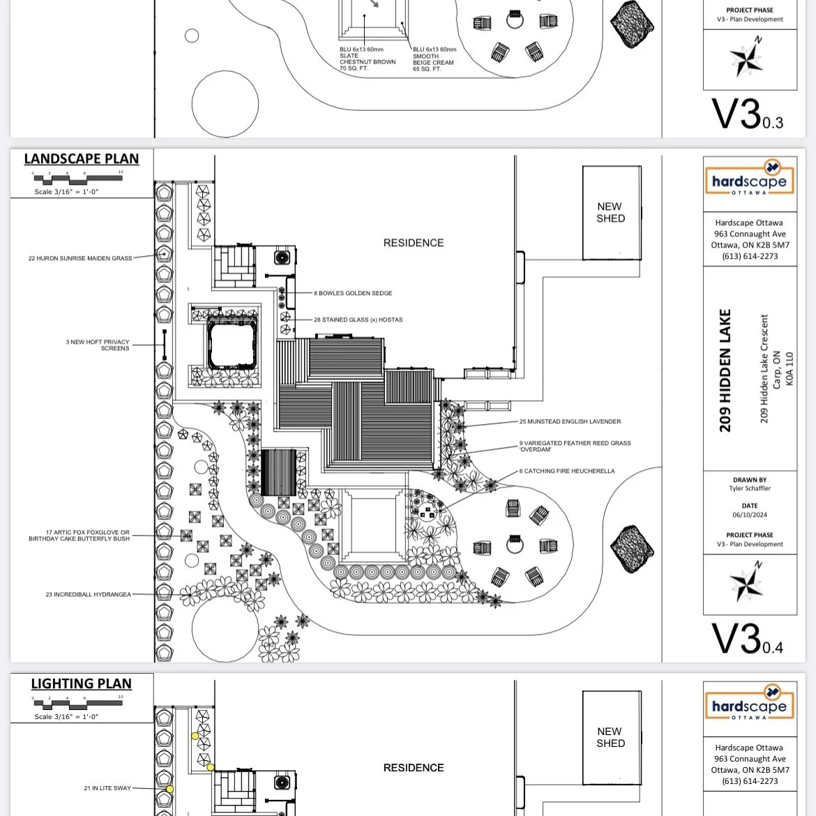Ottawa landscape architectural plan , including a driveway, garden beds, trees, seating areas, and a new shed, with annotations of plant types and landscape features.