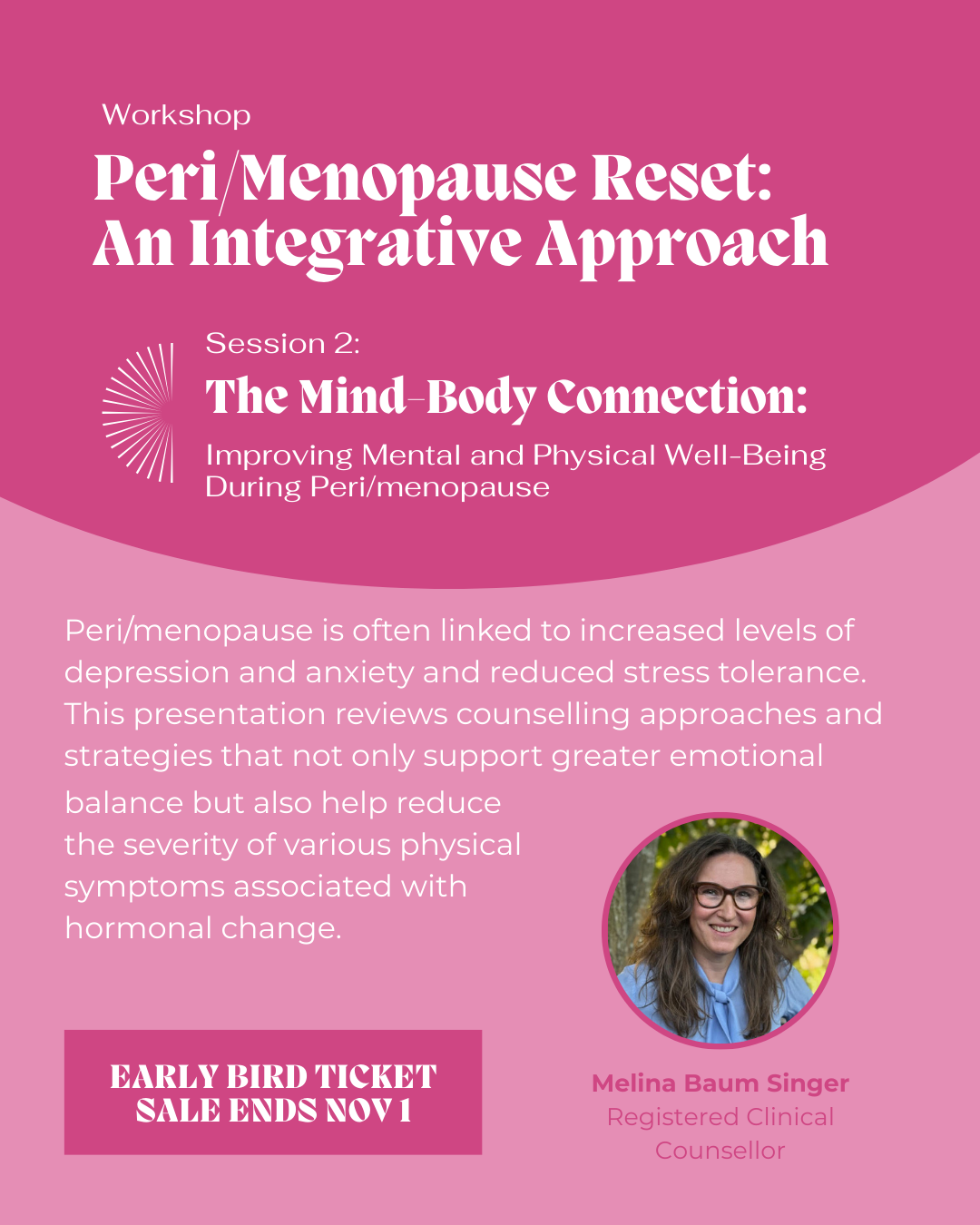 Pink promotional poster for a workshop titled "Peri/Menopause Reset: An Integrative Approach" featuring session 2 on "The Mind-Body Connection: Improving Mental and Physical Well-Being During Peri/menopause." It includes a paragraph describing the wo