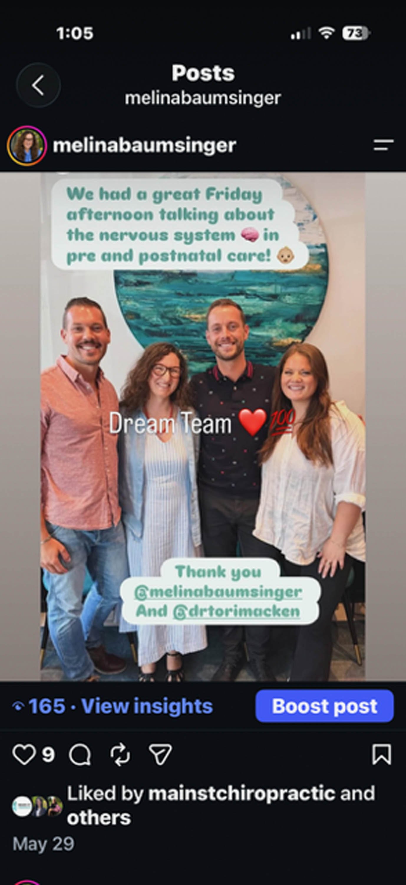 Group photo of four people smiling, standing in front of a painted wall with a blue and green landscape. Text overlay says 'Dream Team' with emojis, and a message thanking two Instagram accounts, @melinabaumsinger and @drtormacken. Additional text me