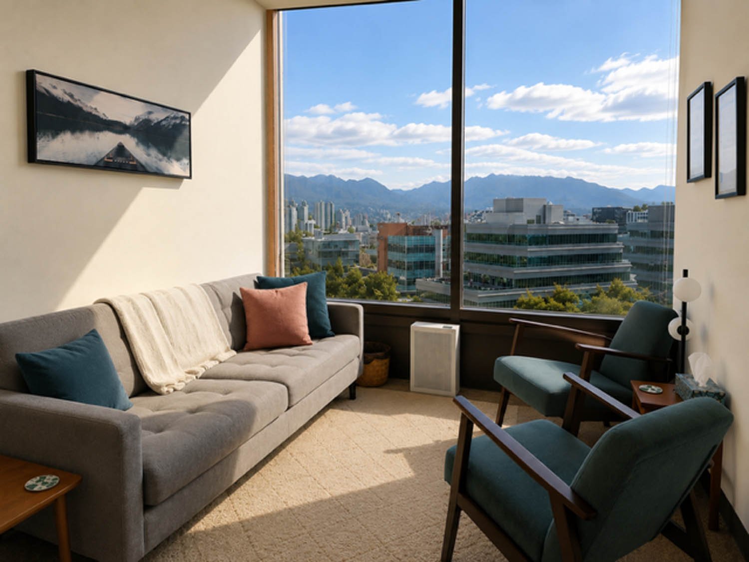 Living room with a large window view of city buildings and mountains, featuring a gray sofa with throw pillows, two green armchairs, a small side table, and wall art.