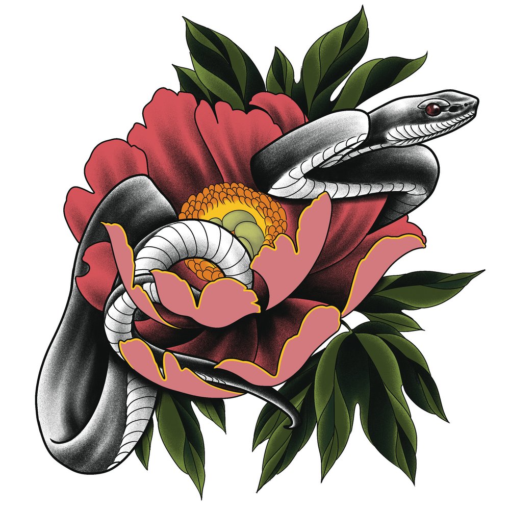 Snake and Peony 1 $700 — Ben Matthews Tattooing