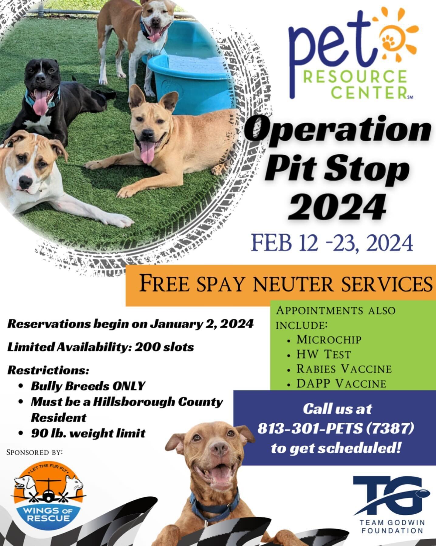 🚨Operation Pit Stop is just around the corner! 🚨

We&rsquo;ve partnered with @hillsboroughfl Pet Resource Center to provide FREE spay and neuter to residents with Bully breeds! 

*Appointments also include vaccines, microchips and wellness tests. 
