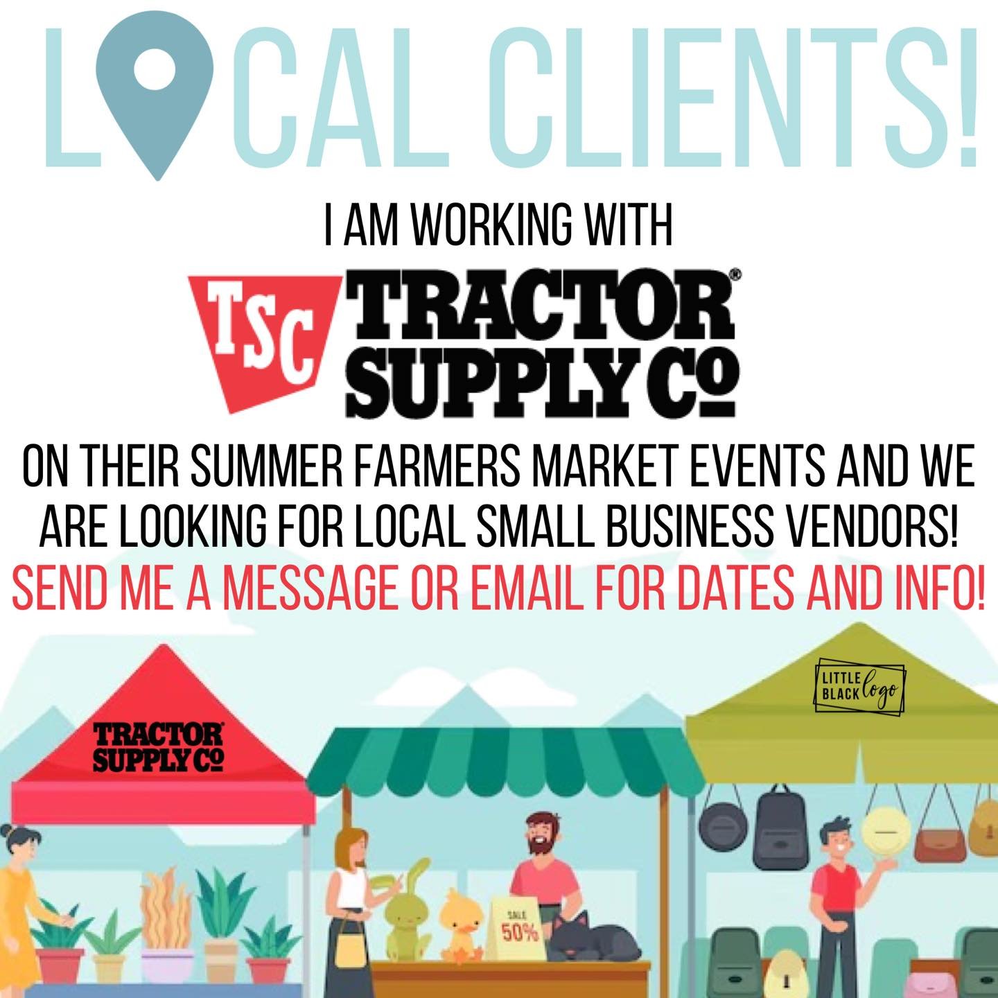 I am so excited to help Tractor Supply Co. with their summer Farmers Markets! 

These Farmers Markets feature local small businesses within our community and give you a FREE space to sell, share and network! 

We will also be looking for 🐝 Beekeeper