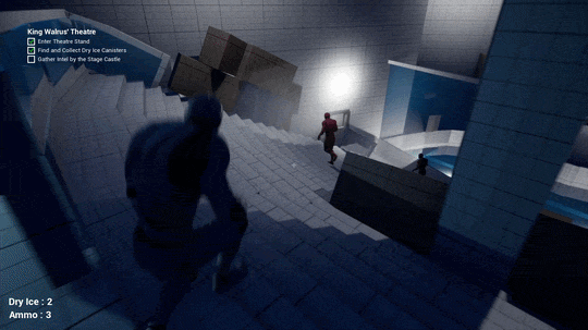 A scene at King Walrus' Theatre showing two armed characters on steps inside a modern building, with white lighting and blue-tiled walls.