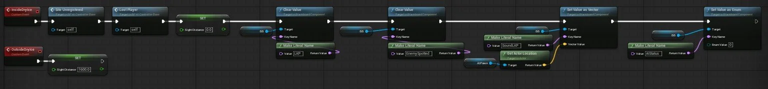 Screenshot of a visual scripting interface used in game development, showing interconnected nodes for setting and getting game parameters related to player targeting and enemy detection.