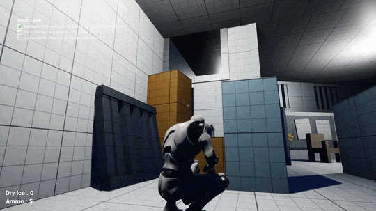 In a virtual video game environment, a humanoid robot crouches behind cover in a modern, industrial-style indoor setting with tiled walls and structures, displaying game-related statistics such as dry ice and ammo.