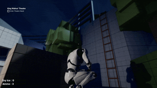 A humanoid robot kneeling with its head bowed, on a rooftop at night, overlooking a cityscape with modern buildings. Text overlays indicate the location as King Walrus' Theatre and display game stats of dry ice: 0 and ammo: 3.