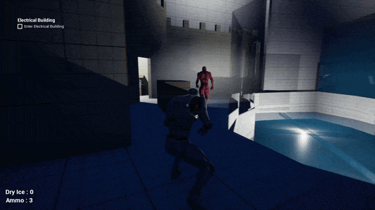 In a video game environment, two characters are engaged in a combat scene inside a modern building with a swimming pool. One character is in the foreground, aiming a weapon, while the other is approaching in the distance. The heads-up display shows weapon ammo as three bullets.