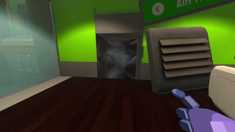 Animated scene of an airport terminal with a green wall, air vent, and hand making a peace sign in the foreground.