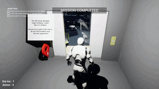 A robot standing in front of an open elevator door with a black object in hand inside a game environment. The screen shows 'MISSION COMPLETED' and a message about the sky drop and aquarium.