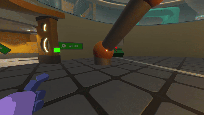 Virtual reality scene showing a hand in the foreground, an orange pipe with a red indicator light, an air fan sign, and a green arrow pointing towards the air fan.