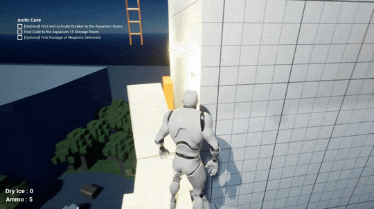 A humanoid robot stands on a snowy terrain near a white wall, with instructions for an Arctic Cave challenge and a ladder overhead.
