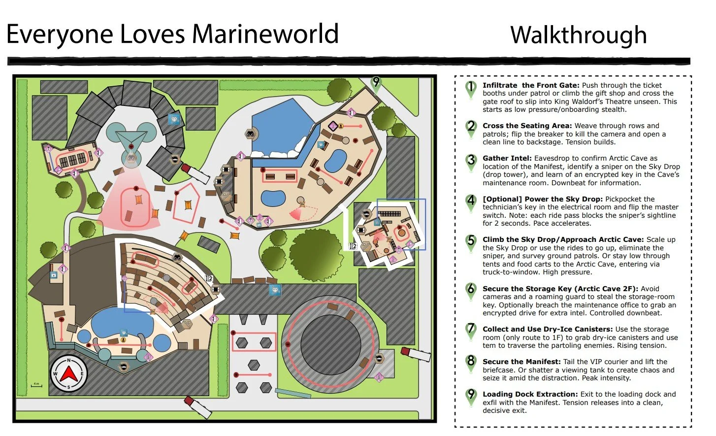 Map of an Arctic adventure-themed attraction with various numbered points of interest, pathways, ride areas, and instructions for visitors.