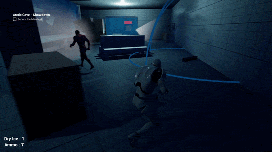 Screenshot from a video game show Arctice Cave showcasing a sci-fi scene with two characters fighting in a dimly lit, industrial setting, with one character wielding a lightsaber.