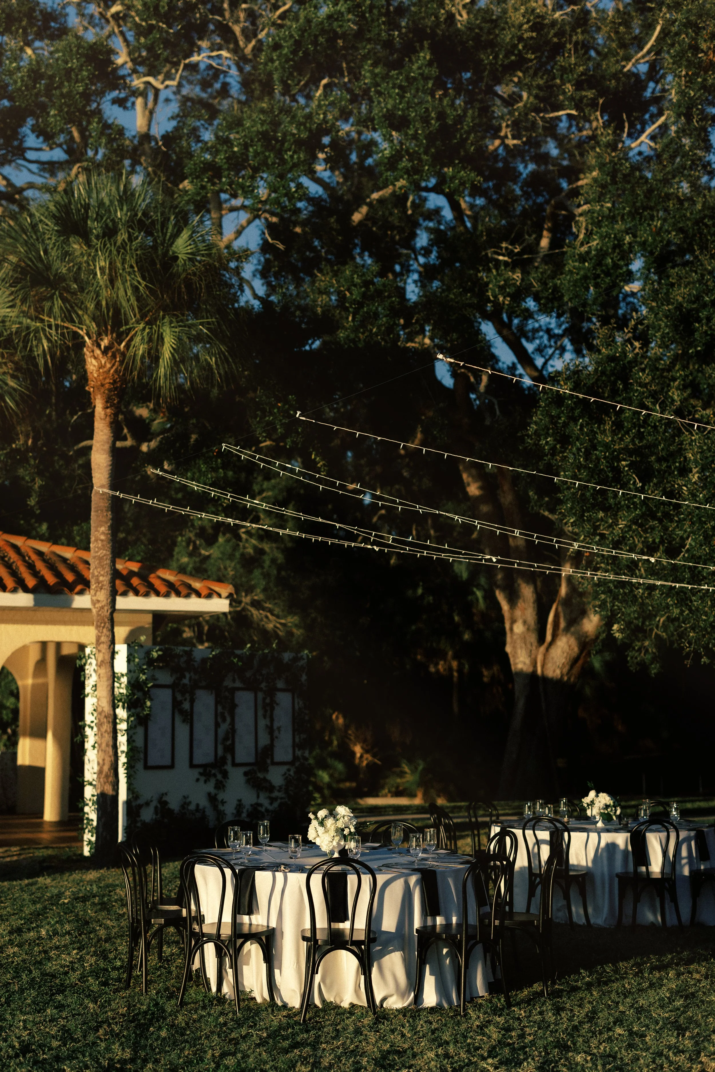 Outdoor evening setup with round tables covered in white tablecloths, decorated with white floral centerpieces, surrounded by black chairs, under string lights and large trees, near a small building with a tiled roof.