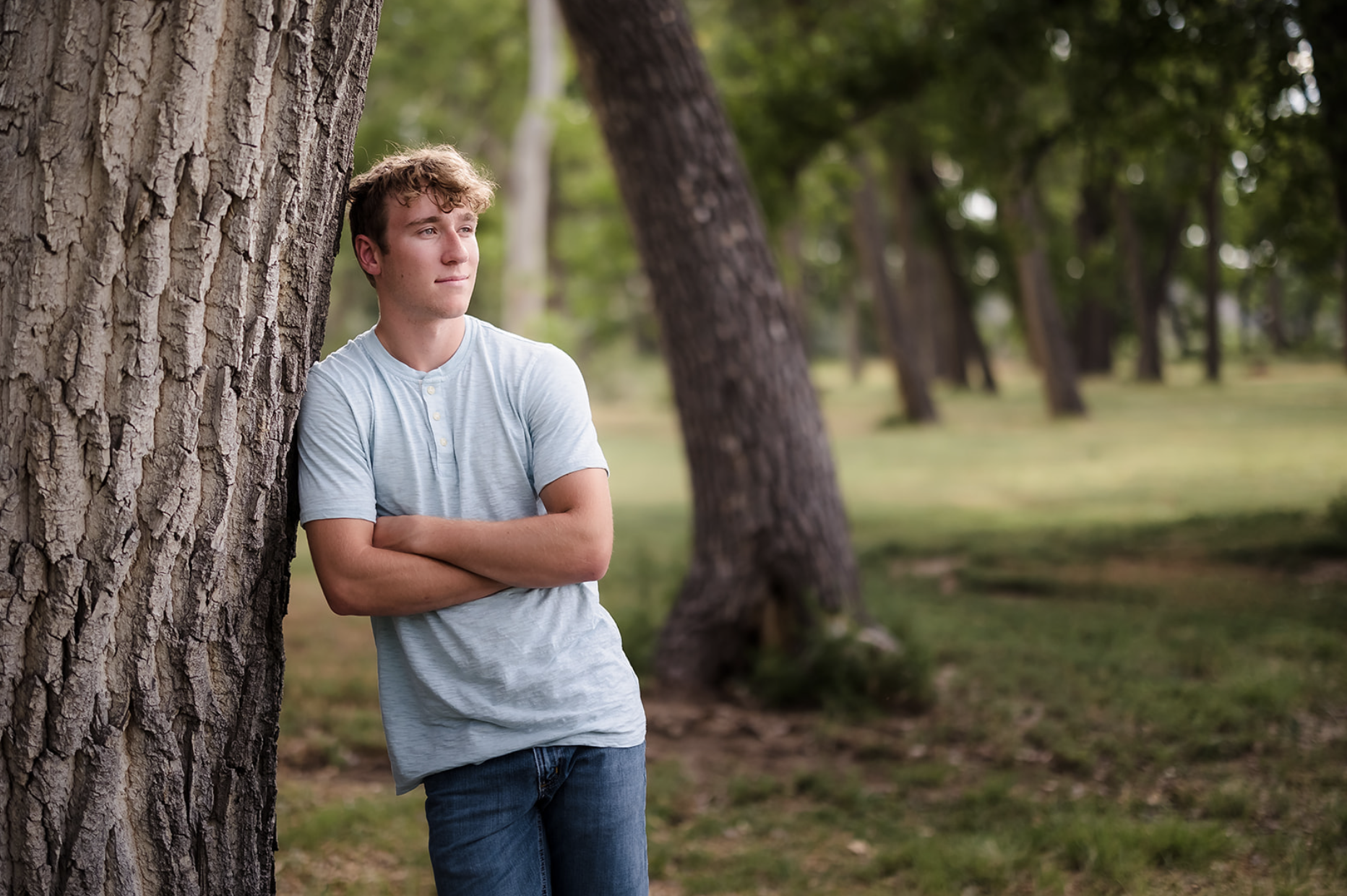 A young man with curly hair wearing a light blue T-shirt and jeans leaning against a large tree in a park, looking thoughtfully into the distance.
