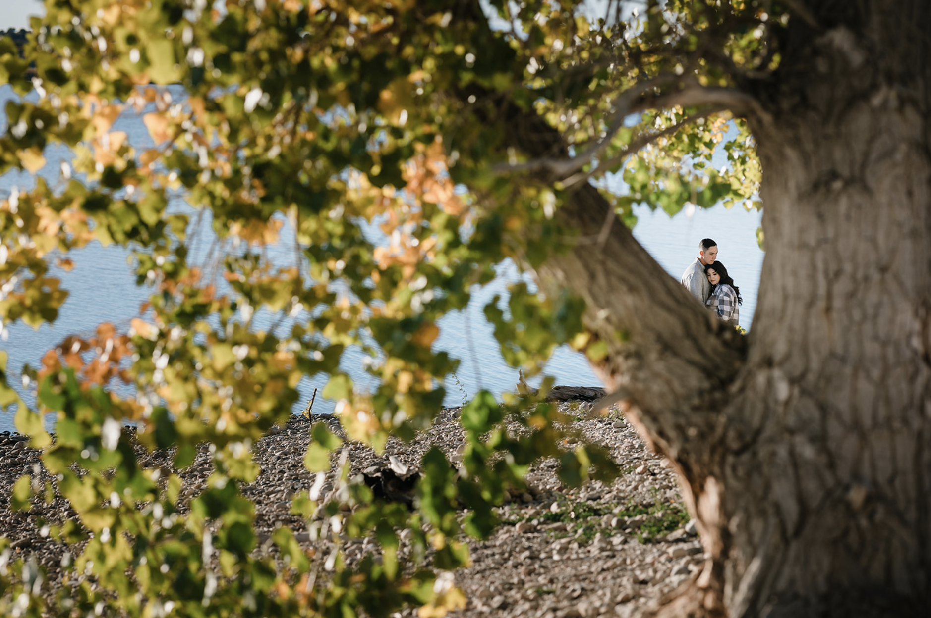 A young man with tousled blond hair and a serious expression, wearing a light gray T-shirt with buttons, standing outdoors in front of a calm body of water and a blurred green landscape.
