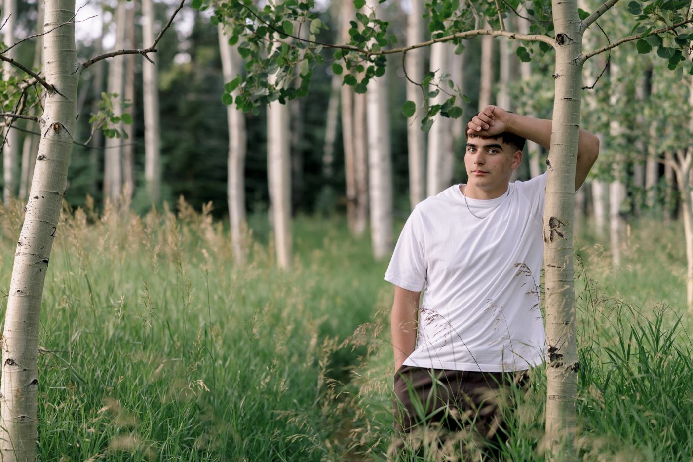 A young man in a white T-shirt leaning against a birch tree in a forest with tall grass and other trees in the background.