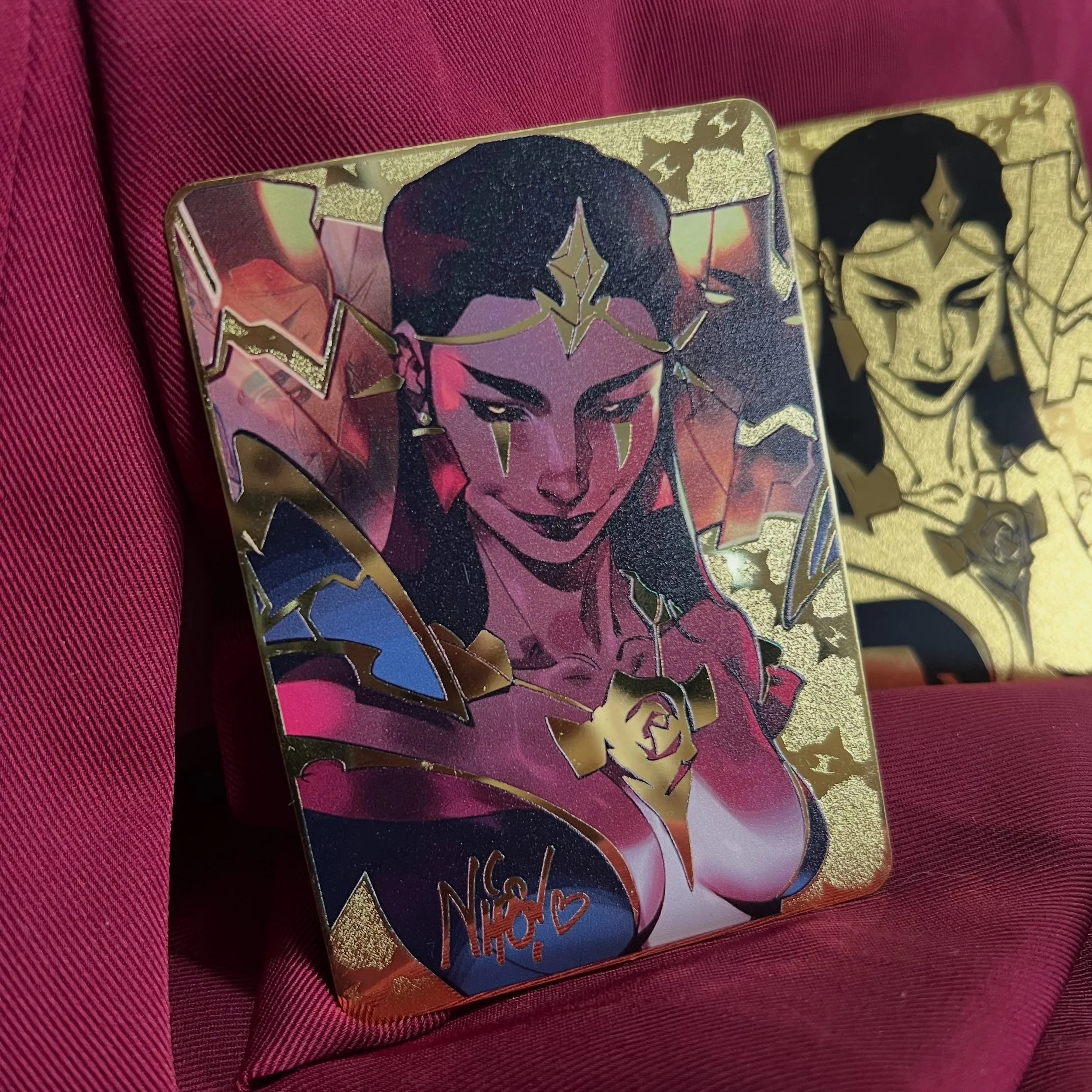 My new LeBlanc gold metal cards 🌹✨ Thank you to everyone who&rsquo;s purchased one! I can&rsquo;t believe they&rsquo;re almost all gone 🥹🖤 I&rsquo;ll be making more of these in the future so stay tuned and check out my store at store.artbynips.com
