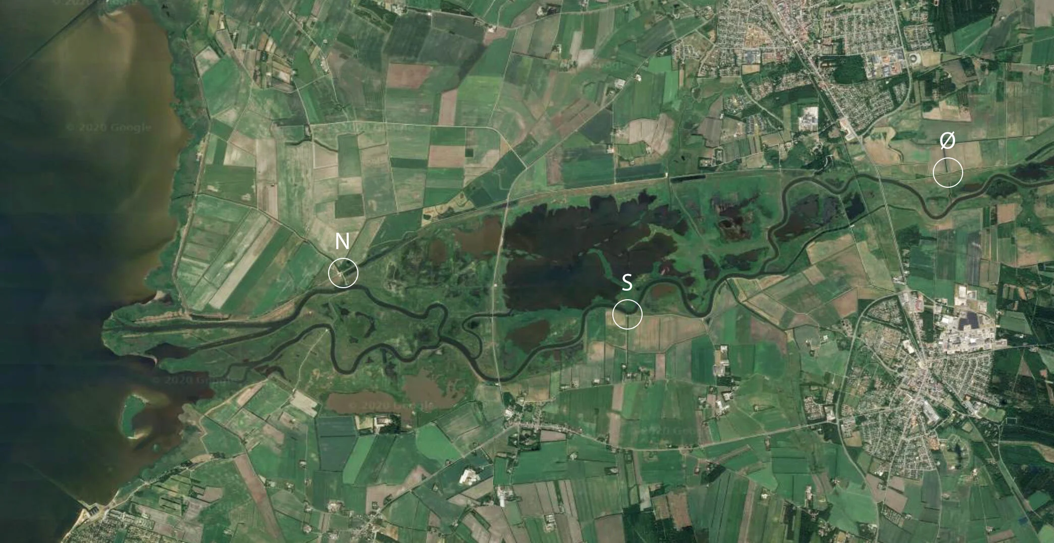 Kart over Skjern Å og Pumpestasjon Nord, Sør og Øst.