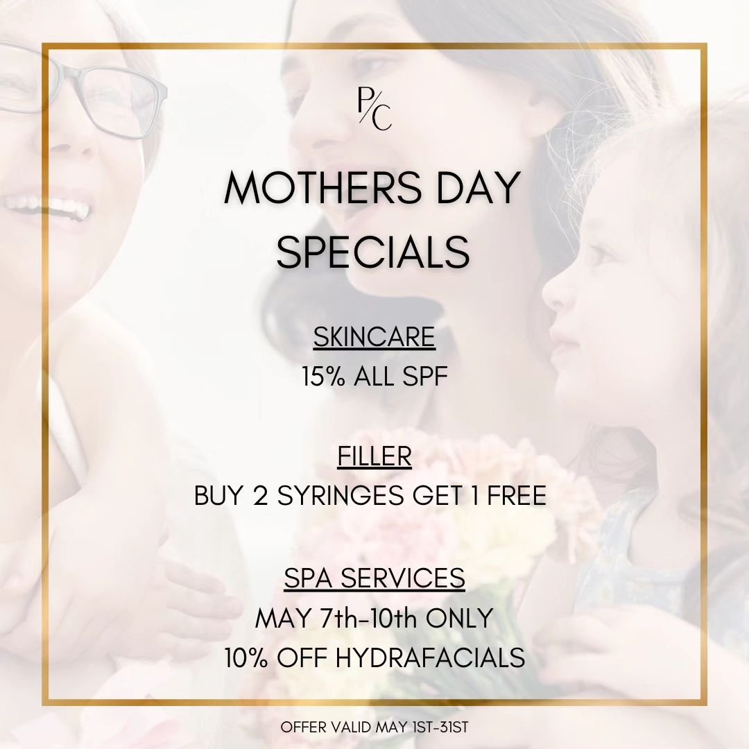💐Treat Mom (or yourself 😉) to something special this May! 

Enjoy exclusive Mother's Day deals! From pampering spa Hydrafacials and filler rejuvenation to delightful deals off our amazing medical grade SPFs, we've got everything to make Mothers Day