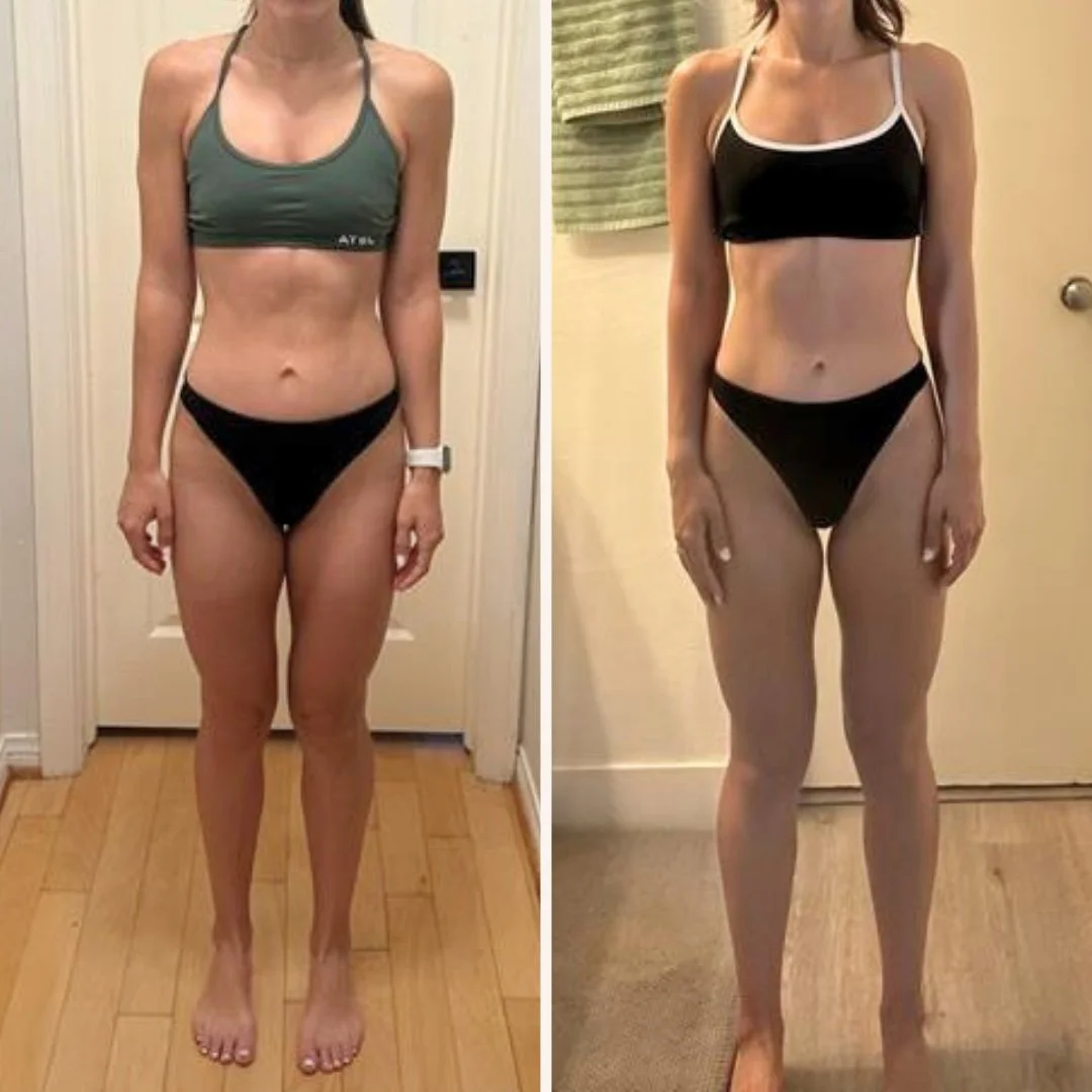 Kayle's before and after front-view photos from a 14-week reverse diet