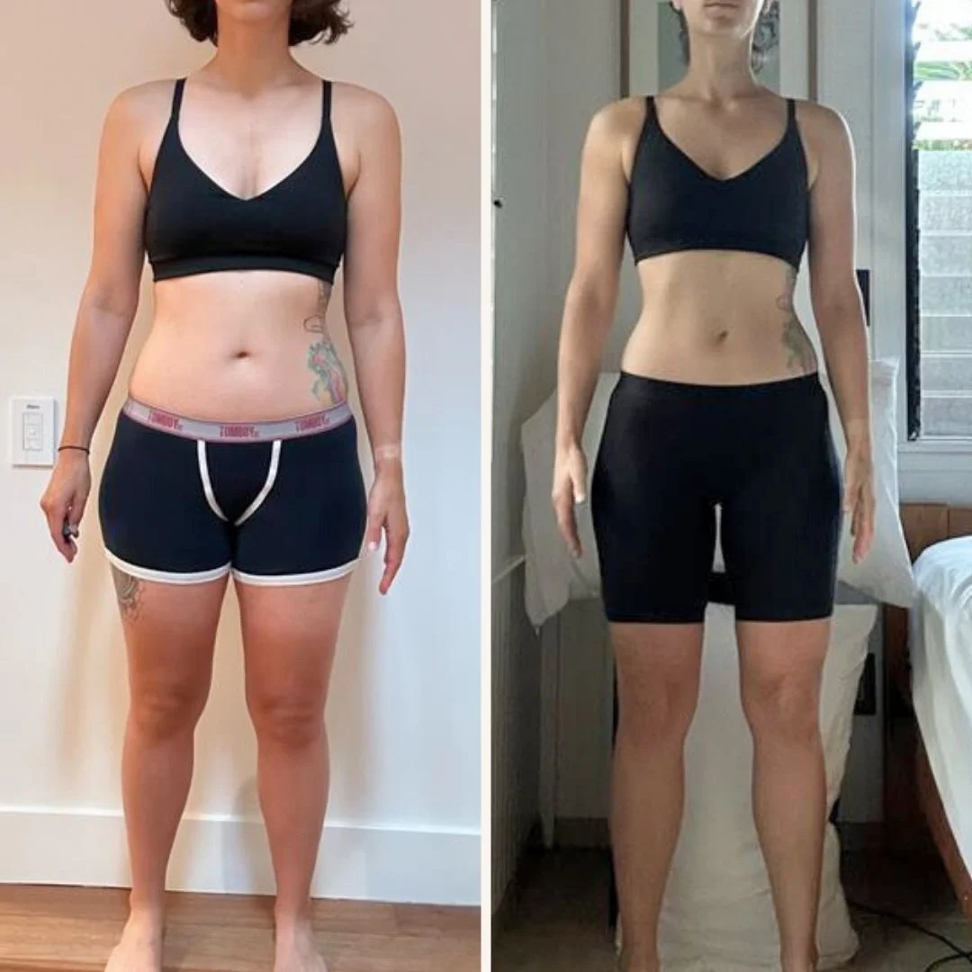 Maya's before and after front-view photos from a 13-week fat-loss phase