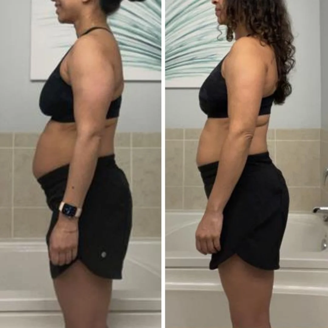 Before and after side-view photos from 14 weeks of coaching, in a black sports bra and shortsSide stance highlighting muscle tone and fitness progress with East Bay personal training
