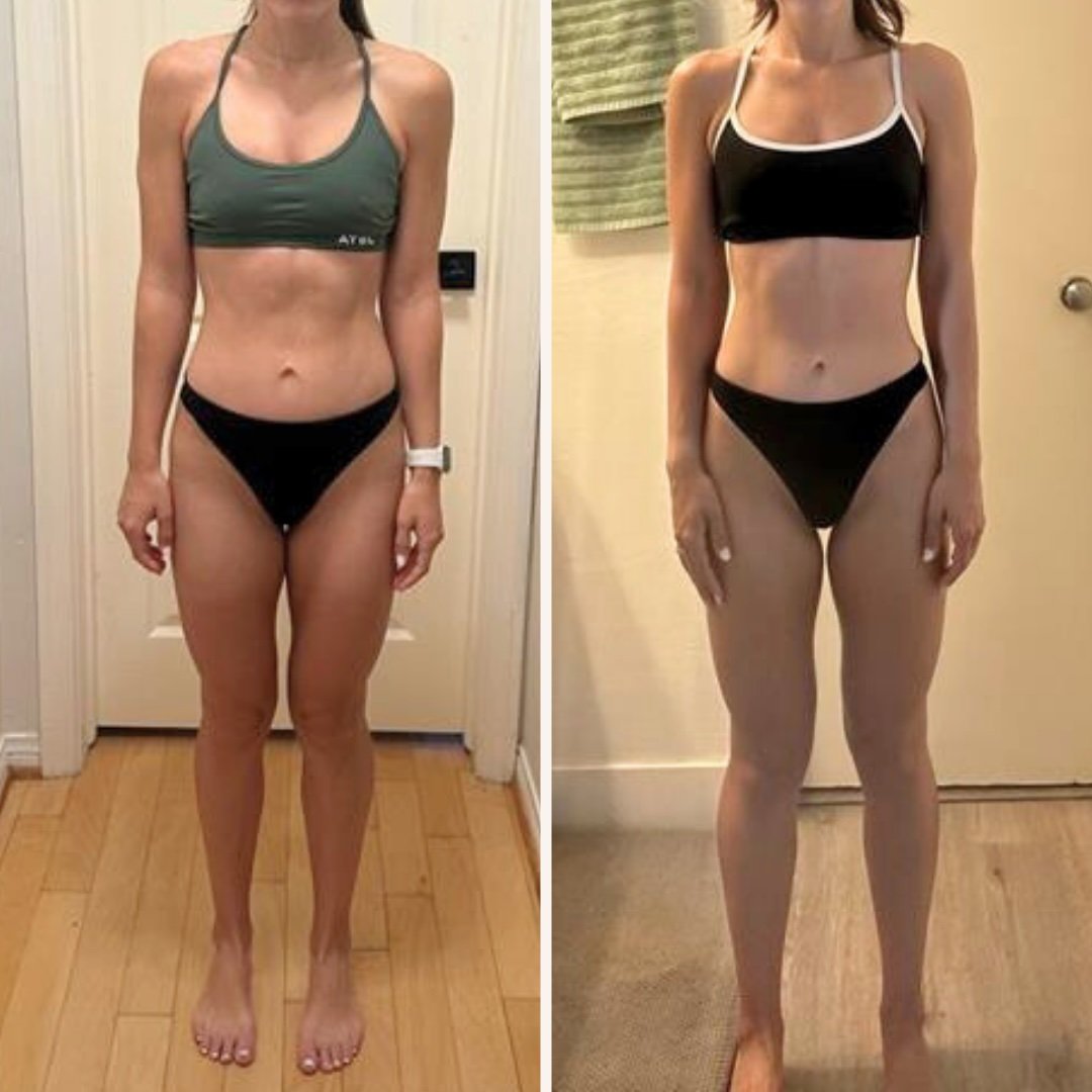 Kayle's before and after front-view photos from a 14-week reverse dietFront stance showing sustainable fat loss and strength gains in San Ramon fitness coaching