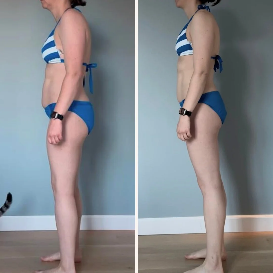Nicolle's before and after side-view photos from a 10-week fat-loss phaseClient side profile body transformation and sustainable weight loss results in San Ramon