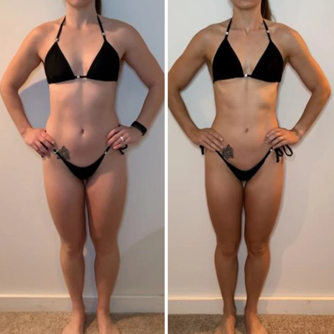 Side-by-side front-view photos in a black two-piece from 16 weeks of bikini competition prepUpper body muscle tone and posture progress from East Bay strength and nutrition coaching