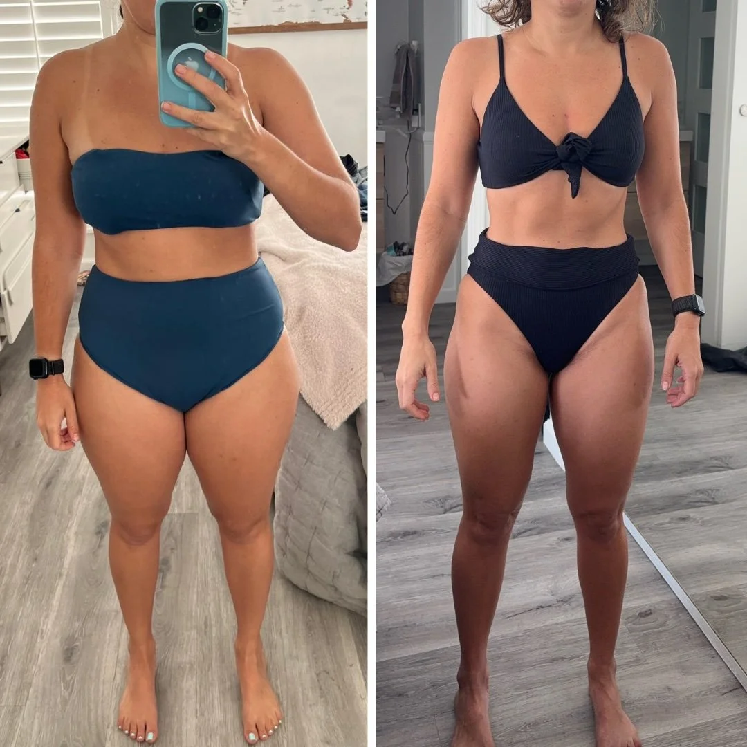 Before and after front-view photos of a coaching client in navy swimwearClient front physique transformation and core definition with San Ramon personal trainer Erika Kehrwald