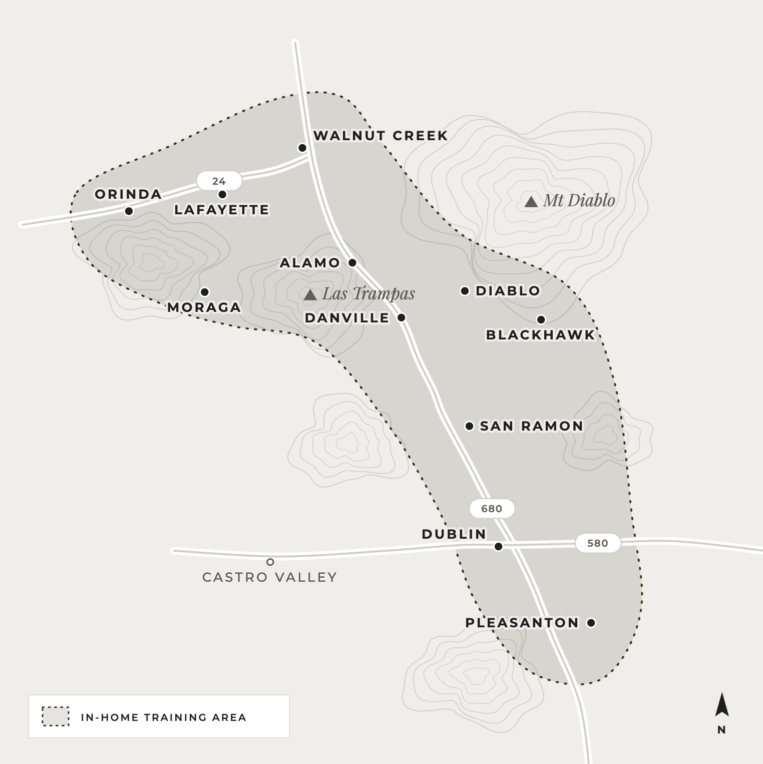 Map of Erika's in-home training region including Lamorinda, Contra Costa, and more of the East Bay