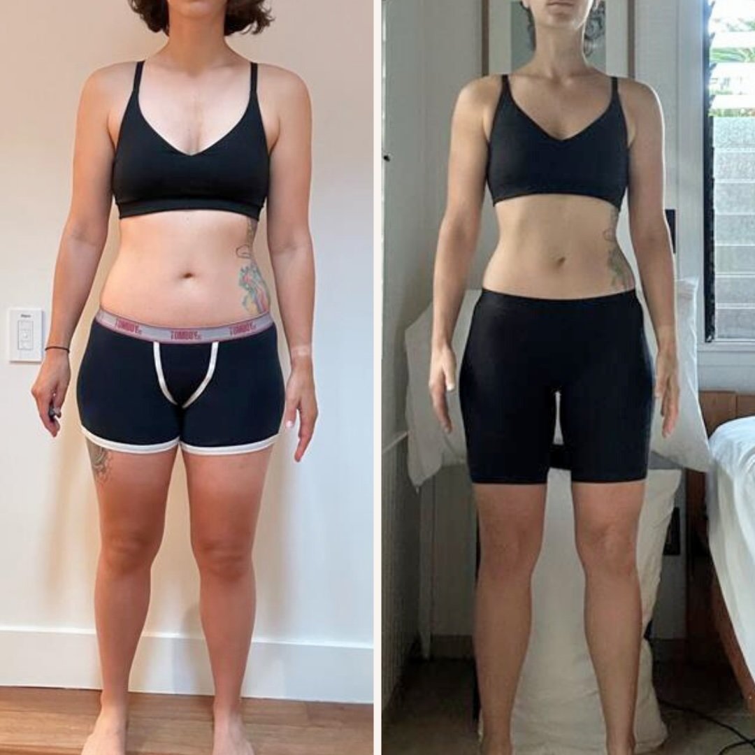 Maya's before and after front-view photos from a 13-week fat-loss phaseClient fitness progress and shoulder muscle definition with personal training in the East Bay