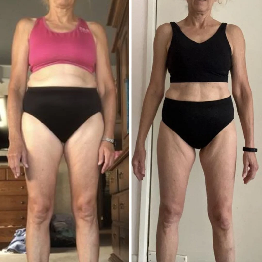 Before and after front-view photos from 41 weeks of coaching, in a sports bra and black briefsClient physical conditioning and strength progress during online and in-person training