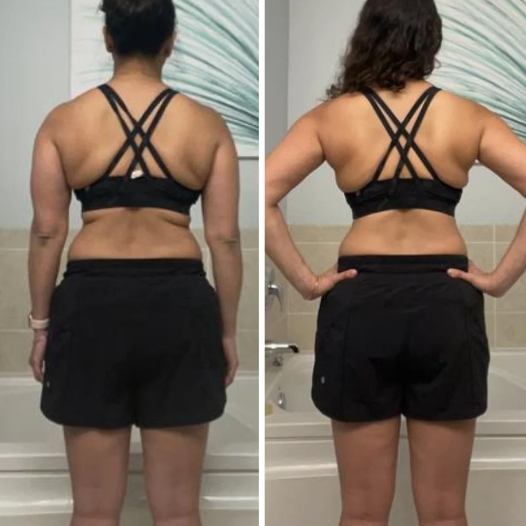 Before and after back-view photos from 14 weeks of coaching, in a black sports bra and shortsClient back muscle definition and poster-chain strength progress from strength coaching
