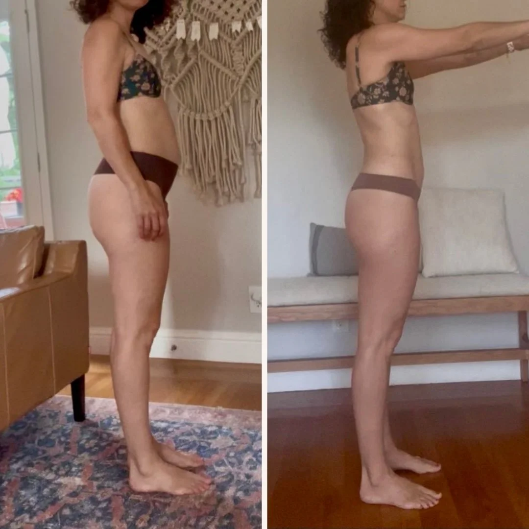 Before and after side-view photos of a coaching client standing in a living roomSide-profile physique progress showing posture alignment and body recomposition
