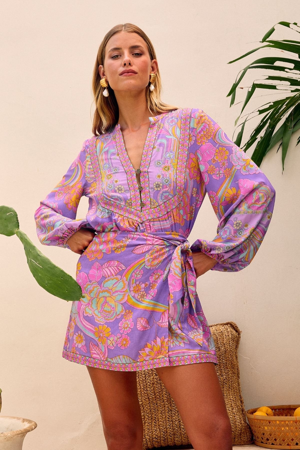 The Sylvie Blouse by Nine Lives Bazaar, on model with matching skirt, tied on side..jpg