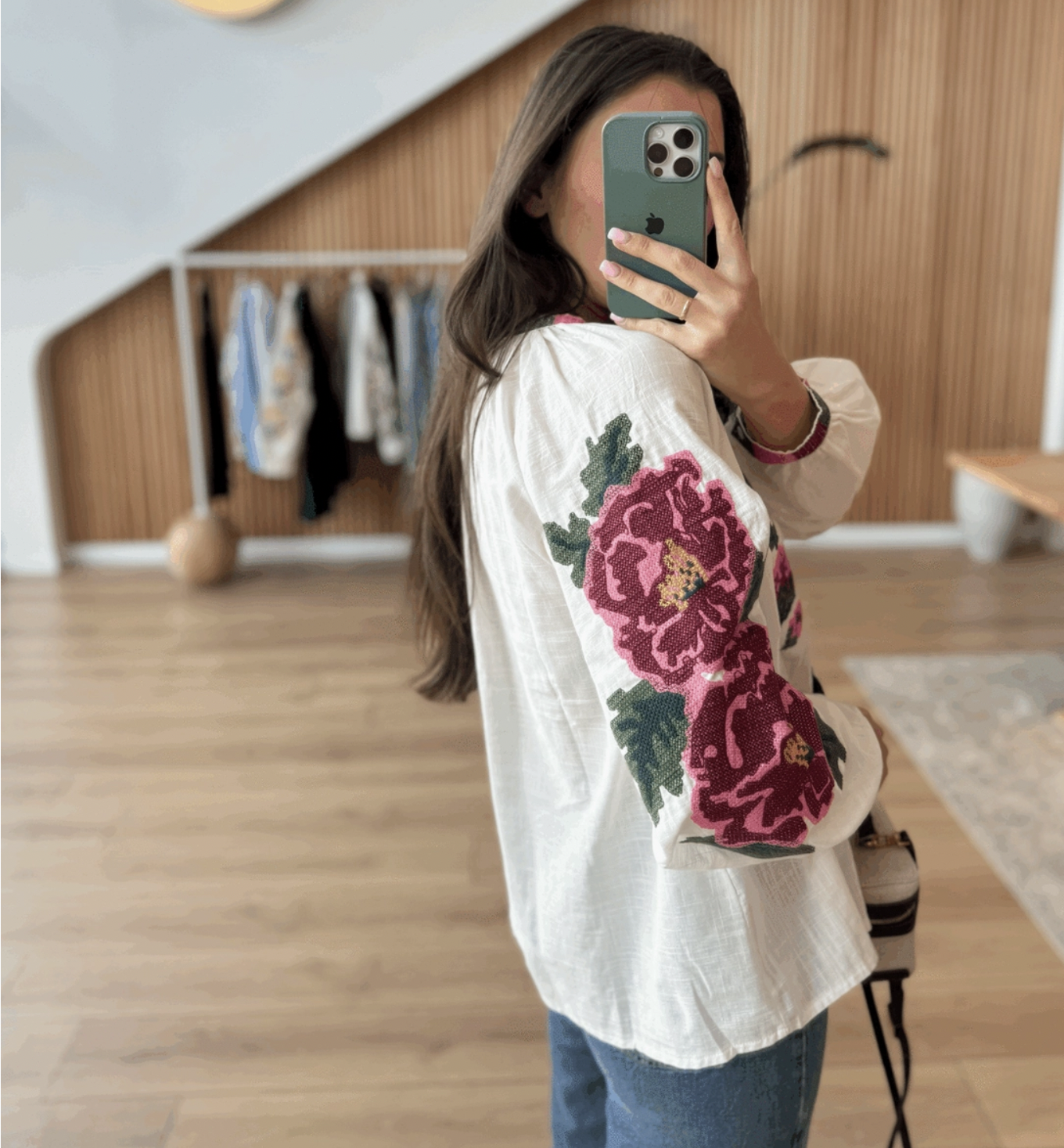 Women wearing floral embroidered blouse
