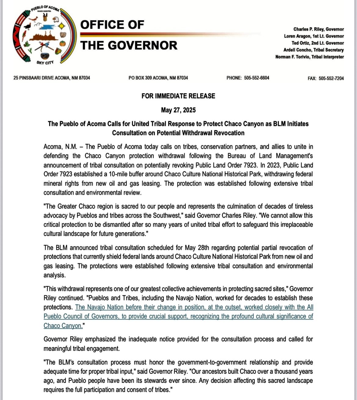 FOR IMMEDIATE RELEASE:

May 27, 2025

The Pueblo of Acoma Calls for United Tribal Response to Protect Chaco Canyon as BLM Initiates Consultation on Potential Withdrawal Revocation 

&bull; &bull; &bull; 

As reported in Yahoo News &amp; the Santa Fe 