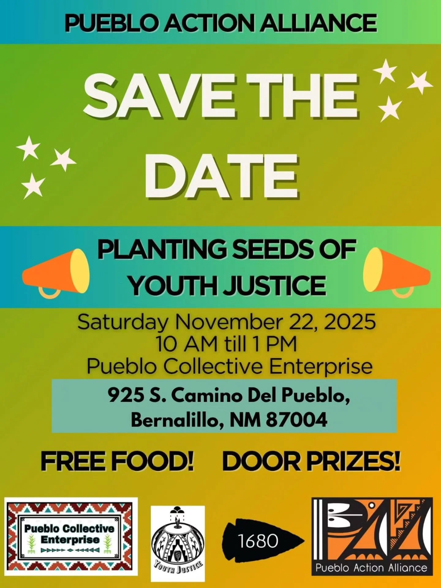 🌻 Planting Seeds of Youth Justice
🗓 Saturday Nov 22, 10am-2pm
📍 Pueblo Collective Enterprise 
925 S Camino Del Pueblo Bernalillo NM 87004
Join us for a day of learning how Pueblo youth in our communities can get involved with upcoming PAA youth j
