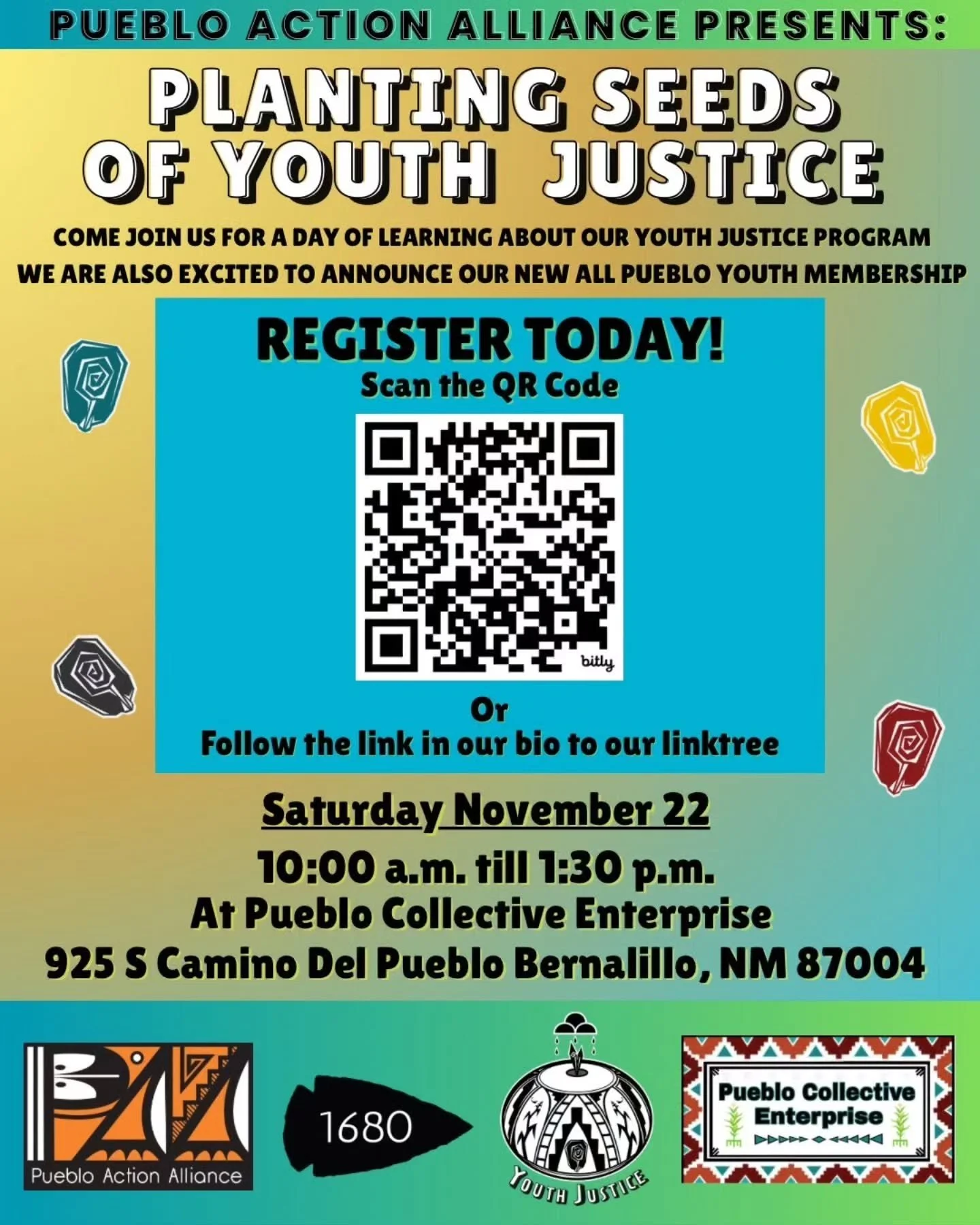🚨 REGISTER TODAY! 🚨 

🌻 Planting Seeds of Youth Justice
✍️ REGISTRATION LINK IN BIO!
🗓 Saturday Nov 22, 10am-2pm
📍 Pueblo Collective Enterprise 
925 S Camino Del Pueblo Bernalillo NM 87004

Join us for a day of learning how Pueblo youth in our c