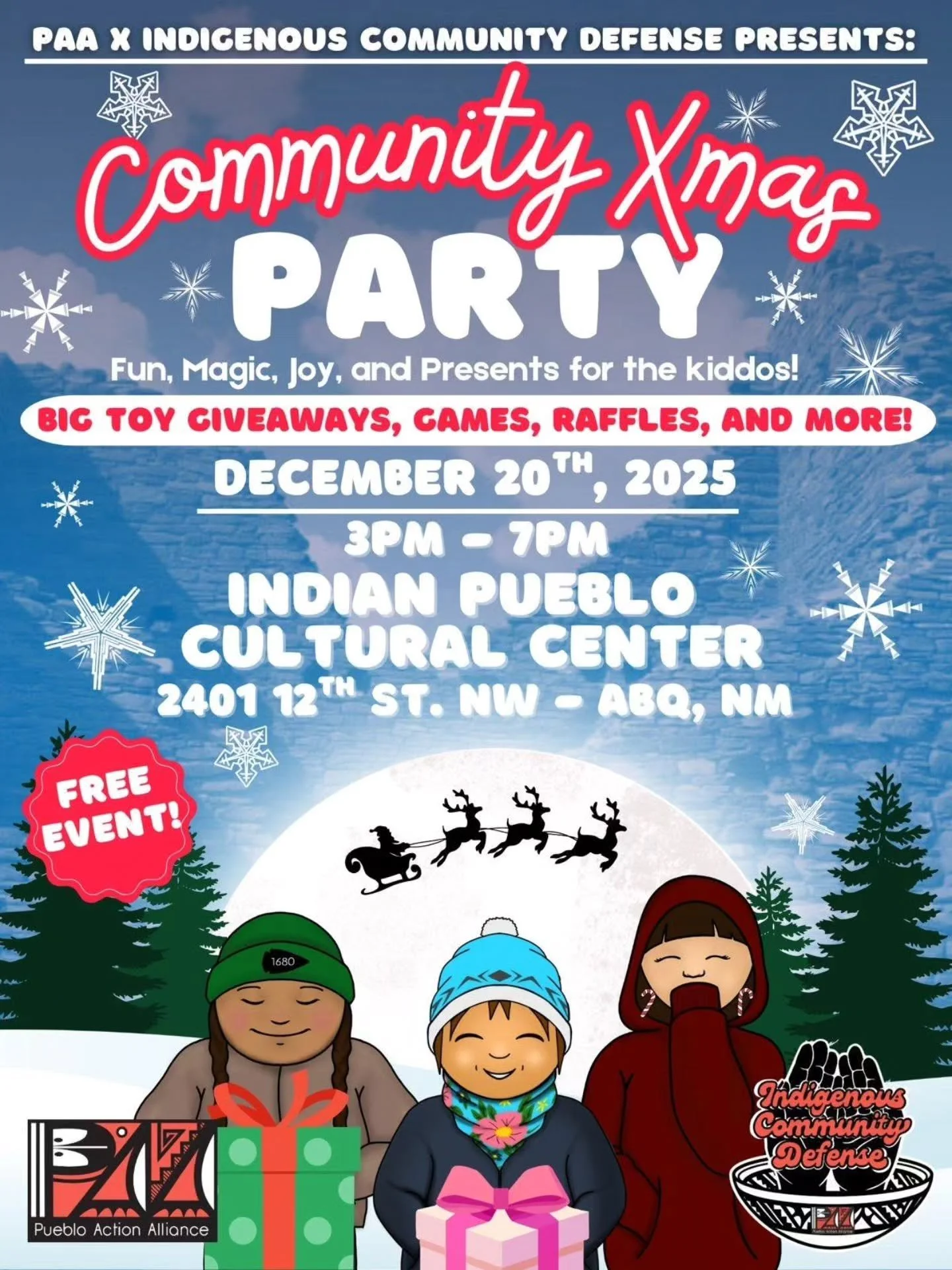 🎄Happy Holidays relatives!🎄

PAA&rsquo;s Indigenous Community Defense Program is hosting our annual Children&rsquo;s Christmas Party!🥳 We will be having a huge toy giveaway🎁, fun games🎮, grand prize raffles🎟️ and a special children&rsquo;s menu